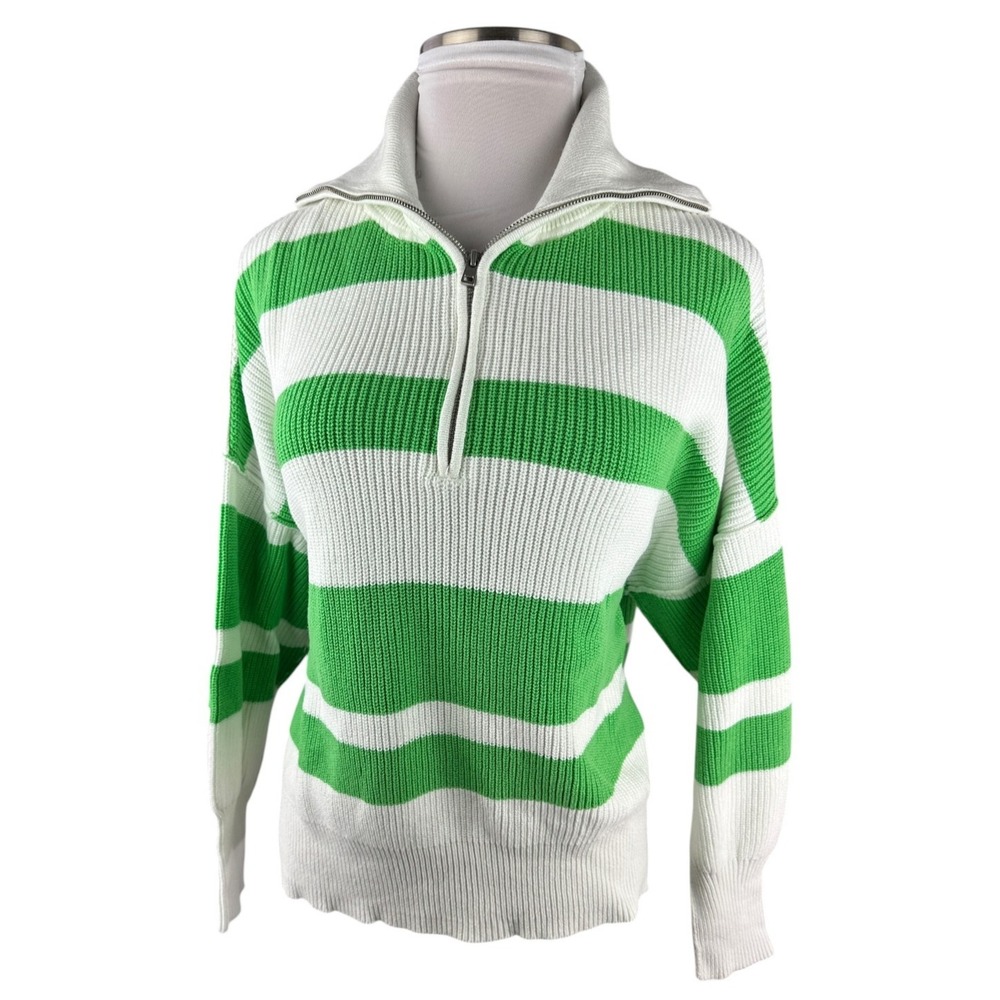 Aerie Green White Striped Beyond Quarter Zip Sweater Preppy Rugby Nautical Large - Picture 3 of 16